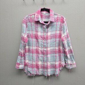 La Miel Shirt Womens Small Pink Blue Plaid Button Up Frayed Hem Cotton Top